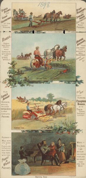 Inside of foldout card, featuring four color scenes. The top is for steel plows, corn cultivators, disk harrows and spring tooth cultivators with an illustration titled: "Seeding Time." The second is for rakes and mowing machines and is titled: "Haying Time." The third is for the Single Apron binder and Champion binder and is titled: "Harvest Time." The fourth, and bottom illustration is titled: "Resting Time."