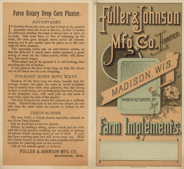 Front and back cover of Fuller & Johnson Mfg. Co. Limited 4-page brochure, manufacturers of farm implements. They were headquartered in Madison, WI.