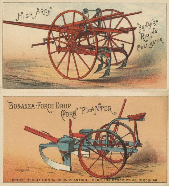 Two panels from a 10-page advertising brochure for Fuller & Johnson Mfg. Co., Ltd., featuring illustrations of the Bonanza Riding Cultivator, and the Bonanza Force Drop Corn Planter.