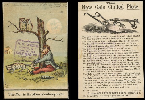 Front and back of advertising card for the New Gale Chilled Plow. On the front is a color illustration of a man sitting at the base of a tree pulling the tail of a cat. The caption reads: "The Man in the Moon is looking at you." The back of the card has an illustration of the New Gale Chilled Plow and lists its advantages.