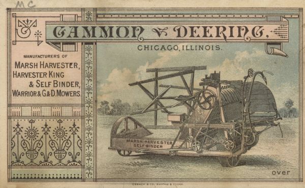 Advertising card with an illustration of the Marsh Harvester Self-Binder.