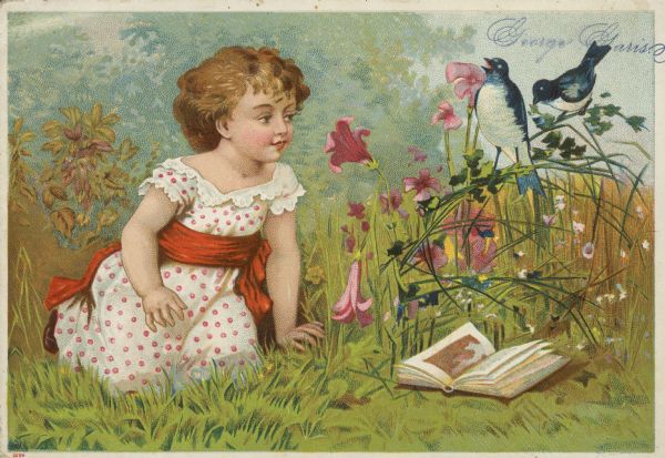 Front of advertising card for George Garis featuring a young girl sitting in the grass with a book, and singing birds perched on flowers. Back of card reads: "Manufacturer of Plows, Wagons, and all kinds of farming implements. On National Pike, one mile south of Funkstown, MD. Repairing done to order."