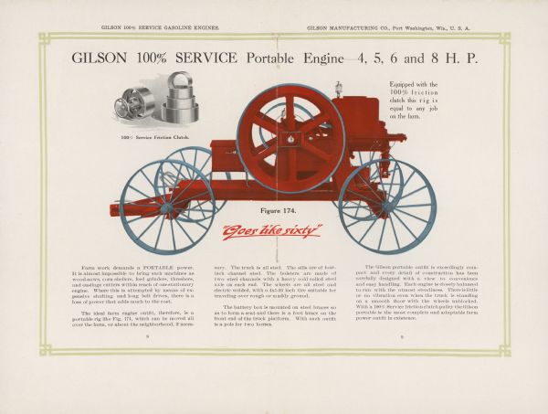 Inside spread of catalog, featuring a color illustration of a portable engine. Text reads: "Gilson 100% Service Portable Engine — 4, 5, 6 and 8 H.P." Inset illustration is of the 100% Service Friction Clutch. Under the illustration is the slogan: "Goes like sixty."