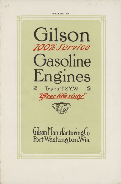 Catalog cover for Gasoline Engines, Types T. Z. Y. W. "Goes like sixty."