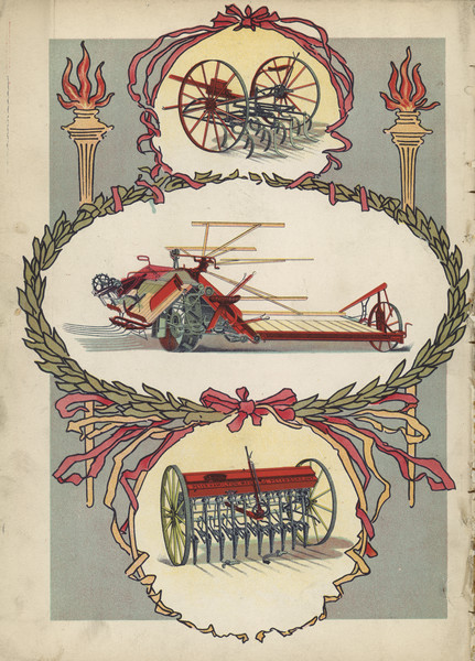 Back cover of catalog, featuring a color illustration of three pieces of agricultural machinery framed by ribbons, and a laurel wreath. There is no text.