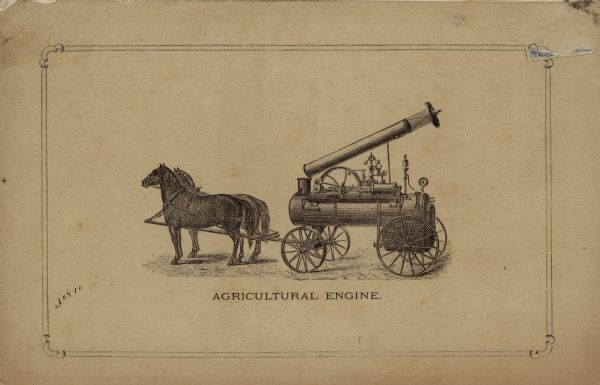 Back cover of catalog featuring an illustration of an agricultural engine with a team of two horses. The engine was made by Wood, Taber & Morse, for Harbert & Raymond.