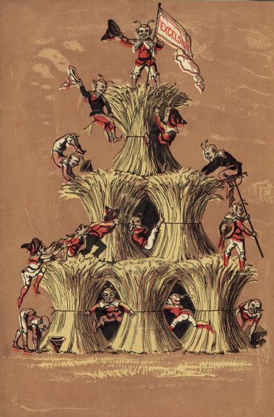 Back cover of catalog featuring a color illustration of miniature elves or fairies cavorting in a three-tiered stack of wheat shocks. One stands at the top of the stack holding a flag that reads: "Excelsior."