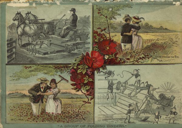 Back cover with the title: "A Group of Folding Binders" and four color illustrations. The top left illustration shows a man driving "The No. 7 Light Excelsior Binder. — Folded for the Road and for going through Gates." The top right and bottom left illustrations are of couples in a field, one labeled: "Coming Through The Rye" and the other: "In Clover." The bottom right illustration is of a group of miniature elves or fairies cavorting on a Excelsior Binder in a field.