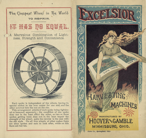 Brochure front and back cover. The front features a color illustration of a woman holding a large book with plates of agricultural machines. "Manufactured by Hoover and Gamble, Miamisburg, Ohio."
