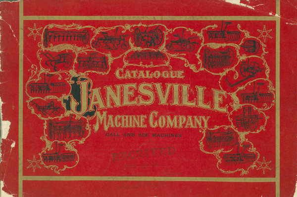 Front cover of catalog with red background, text and decorative frames in gold ink, and illustrations of agricultural machinery in black ink.