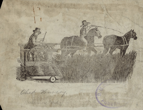 Illustration of two men using a Hussey Grain Cutter in a field. One man is riding on the grain cutter, and another man is riding on one of two horses pulling the grain cutter.
