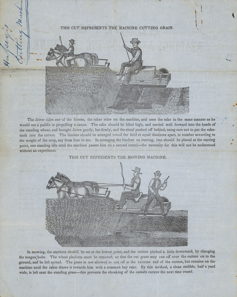 Back side of direction sheet, featuring two illustrations of men using the machine in a field. The top illustration has the title: "This cut represents the machine cutting grain." The bottom illustration has the title: "This cut represents the mowing machine."