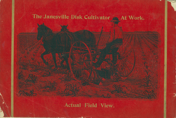 Back cover of catalog with red background, text and decorative frames in gold ink, and an illustration in black ink of a man riding a Janesville Rotary Disk Cultivator in young corn, pulled by a team of two horses.