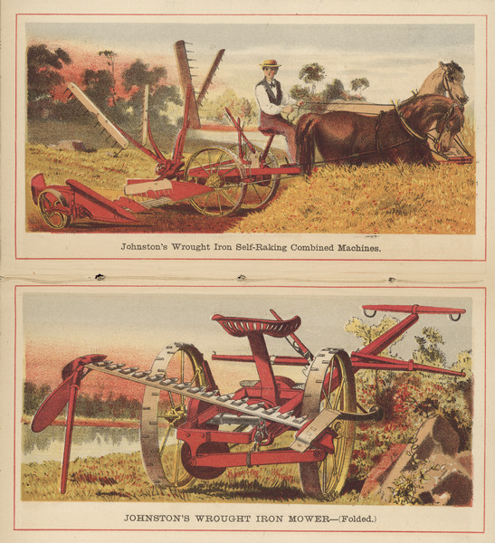 Two illustrated pages in color from a Johnston Harvester Company brochure. The top illustration is of a man using a Wrought Iron Self-Raking Combined Machine pulled by a team of two horses. The bottom illustration is of the Wrought Iron Mower.