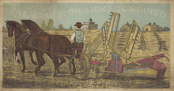 Advertising card with a color illustration of a man using the Johnston Light Combine in a field with two horses. The back of the card describes the agricultural machines of the Johnston Harvester Co.