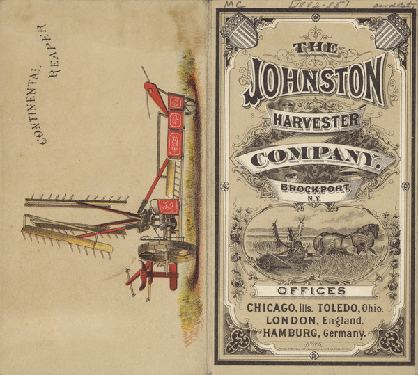 Front and back cover of brochure. Front cover includes an illustration of a man using an agricultural implement in a field drawn by two horses, and lists offices in Chicago, Illinois and Toledo, Ohio as well as London, England and Hamburg, Germany. The back cover features a color illustration of the Continental Reaper.