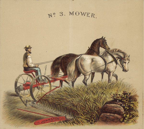 Inside color illustration of man using a No. 3. Mower in a field with a team of two horses.