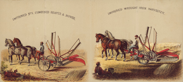 Inside spread of brochure featuring two color illustrations. The one on the left features the Improved No. 1. Combined Reaper & Mower. The right illustration is of the Improved Wrought Iron Harvester.