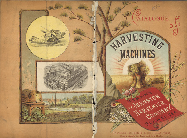 Front and back cover of a catalog for harvesting machines. The cover features a color illustration of shocks of hay in a field surrounded by sun rays in the background. The illustration continues onto the back cover, with two bee skeps on a bench near a river, and two inset illustrations of a factory and a Continental Harvester machine.