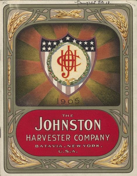 Front cover of catalog, featuring an illustration of a decorative frame with wheat stalks around the company logo over a shield enclosed by a laurel wreath.