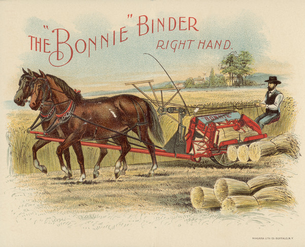 Inside 2-page spread of fold-out brochure for Harvesting Machinery featuring a color illustration of a man using "The 'Bonnie' Binder, Right Hand" in a field pulled by a team of two horses.