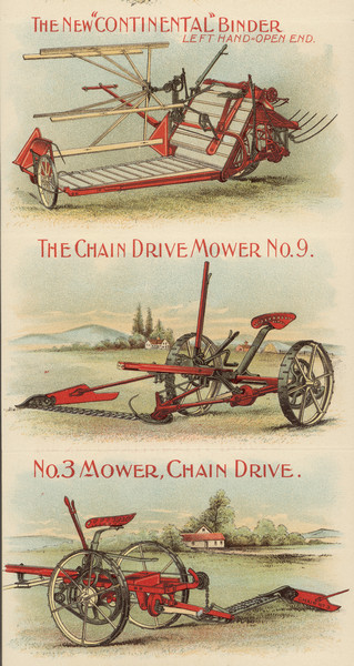 Three panels from advertising brochure featuring color illustrations: top illustration is of "The New 'Continental' Binder," center is of "The Chain Drive Mower No. 9." and bottom is of the "No. 3 Mower, Chain Drive."