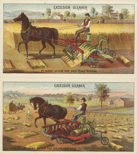 Two panels with color illustrations of men using grain binders in a field, each is pulled by a single horse.
