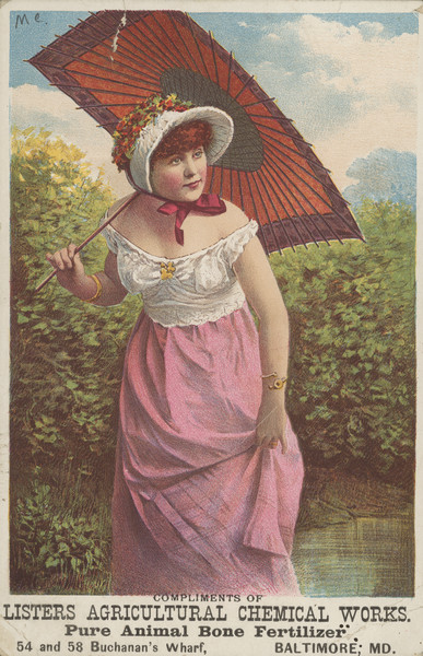 Advertising card featuring a color illustration of a woman in a bonnet holding a rectangular parasol. Text at bottom reads: "Pure Animal Bone Fertilizer."