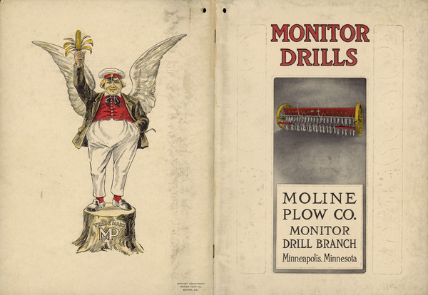Front and back cover of a Moline Plow Co. catalog, featuring a color illustration on the front of a Monitor Drill. On the back is a color illustration of the "Flying Dutchman" trademark of a man in a sailor uniform with wings standing on a tree stump and holding an ear of corn.