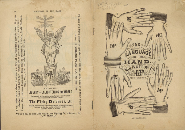 Front and back cover of catalog. Front features an illustration of 6 hands, each labeled from A-F. The back has an illustration of the "Flying Dutchman" trademark of a man in a sailor uniform with wings standing on a tree stump and holding an ear of corn, and also showing men using horse-drawn agricultural machinery in a field in the background.