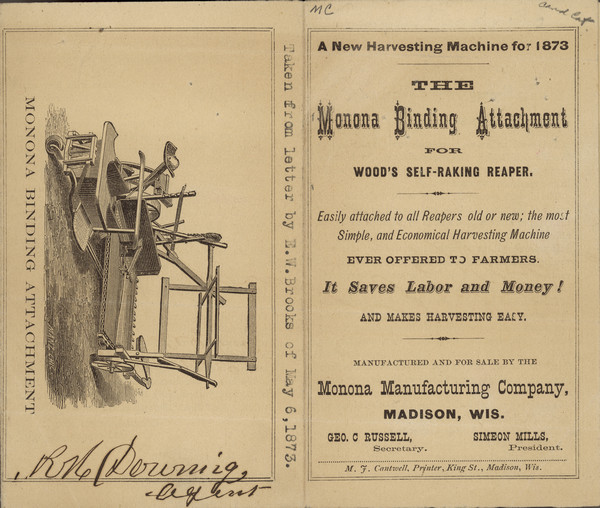 Front and back cover of 8-panel brochure for the Monona Binding Attachment for Wood's Self-Raking Reaper. The back cover features an illustration of the Monona Binding Attachment.