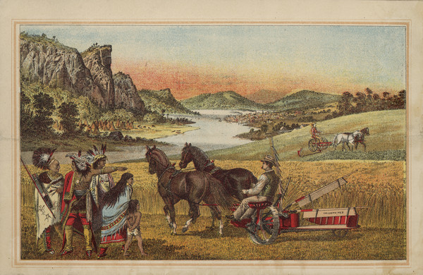 Back cover of catalog with an illustration of two men using horse-drawn agricultural machinery in fields, while a group of Native American Indians look on. In the background is a river, with tipis (teepees) on the shoreline on the left, and a town on the right.