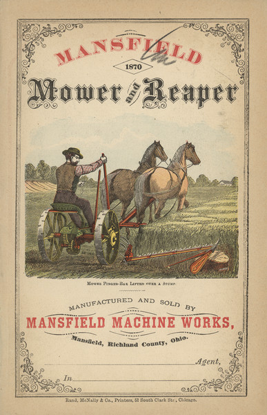 Front cover of a mower and reaper catalog. Features a color illustration of a man using a mower in field, with the caption: "Mower Finger Bar Lifter Over a Stump." The mower is pulled by a team of two horses.