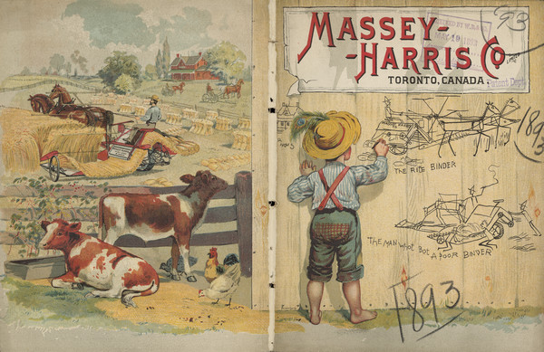 Front and back cover of binder catalog. The front cover has a color illustration of a young boy making a crude drawing on a wall of a horse-drawn binder with the caption: "The rite binder." Below is another crude drawing of "The Man Whot Bot a Poor Binder." [sic] On the back cover is a color illustration of cows and chickens in a barnyard, and in the background a man using a binder in a field.