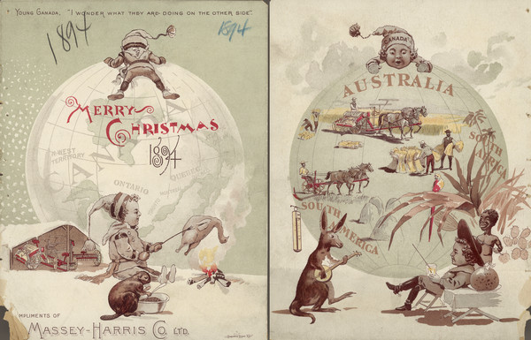Front cover featuring a color illustration titled: "Young Canada, 'I wonder what they are doing on the other side,'" and "Merry Christmas." A young boy wearing a stocking cap is laying on top of a world globe, featuring Canada, and looking out over the other side. At the bottom, a young boy is roasting a duck over a campfire, while beside him a beaver is eating out of a bowl. In the background is a shed with Massey-Harris agricultural implements. The other side of the card features the face of the young boy, who is wearing a stocking cap that reads: "Canada". The world globe has the continents of Australia, South Africa and South America. At the bottom a young man is lounging on a chair holding a drink, a thermometer, and a kangaroo playing a banjo. On the globe are illustrations of men using agricultural implements in fields.