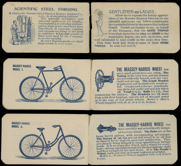 Front and back cover, and two inside pages of a small pamphlet with text and illustrations in blue ink. The front has a small illustration of a man wearing a top hat, monocle, and a suit, and addressing "Gentlemen and Ladies." Pages inside include agricultural implements, and at the end includes the Massey-Harris Wheels for bicycles. Model I (Men's Wheel) and Model A (Women's Wheel). The back page shows a man working at a forge and explains "Scientific Steel Forging."