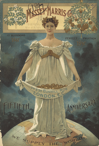 Front cover of Massey-Harris farm machinery catalog featuring a color illustration of a woman wearing a long, white gown and a laurel leaf crown, holding apples in the fold of her dress. She is standing on a globe of the world on which is written: "We Supply The World." Two fruit trees frame the top, one captioned: "It Blossoms," the other "Perfect Fruition."