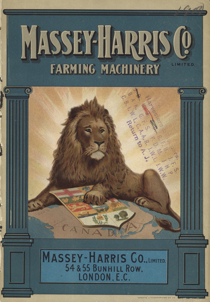 Catalog cover for farming machinery featuring a color illustration of a lion, framed between two columns, sitting on a globe above the Northern Hemisphere, with the word "Canada" below. The lion's paw rests on the coat of arms of Canada.