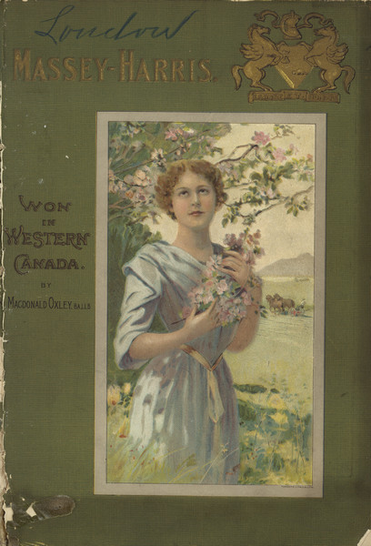 Catalog cover featuring an illustration of a woman holding flowers in her arms and standing near a flowering tree. In the background is a man using a team of horses to pull a mower in a field. The illustration is for a story called "Won in Western Canada" by J. Macdonald Oxley and is included in the catalog.