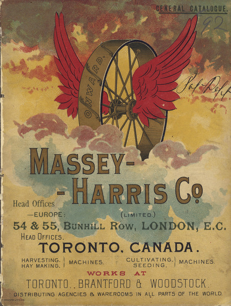 Front cover featuring a color illustration of a winged wheel flying in a cloudy sky with the word "Onward" written on the rim.