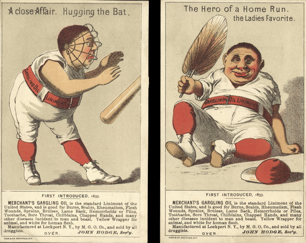 Two advertising cards featuring a color illustration of a caricature of a baseball player. The card on the left is titled: "A close Affair. Hugging the Bat." The card on the right is titled: "The Hero of a Home Run. the Ladies Favorite."