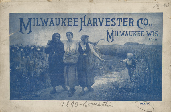 Catalog cover featuring an illustration of three women walking with their arms around each other down a path between fields. One of the women is holding a hand scythe. A young child is running after them.