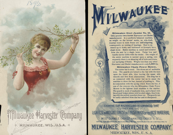 The left side (front cover) features a color illustration of a woman in a red dress who is holding up branches, and is wearing two gold colored bangles on her wrist. The right side (back cover) describes "Milwaukee Steel Junior No. 10." and "Milwaukee Chain Power Mower."