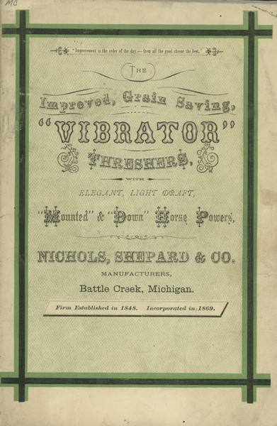 Front cover of catalog featuring "The Improved, Grain Saving 'Vibrator' Threshers."