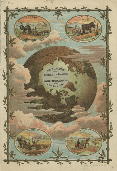 Front cover of catalog featuring a color illustration of a globe among clouds. Small oval inset illustrations are of farmers working in fields in Africa, Asia, America and Europe.