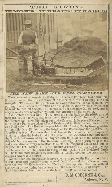 Advertisement card that reads: "The Kirby. It Mows! It Reaps! It Rakes!" Includes a photograph that has been pasted onto the card of a man using the Kirby.