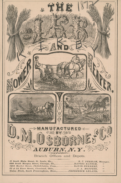 Front cover of catalog with the title: "The Kirby Mower and Reaper." The "K" and "Y" letters of Kirby are drawn as shocks of wheat, and the "IRB" letters are drawn as twisted trunks of trees. Features three illustrations of farmers working in fields with Kirby harvesting machines.