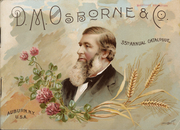 Front cover of catalog for mowers, reapers and self-binding harvesting machinery. Features a color illustration of a portrait of a man with a beard wearing a suit.