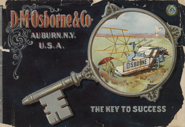 Catalog cover featuring an illustration of a key with a round frame around an inset scene of an Osborne binding machine in a field.
