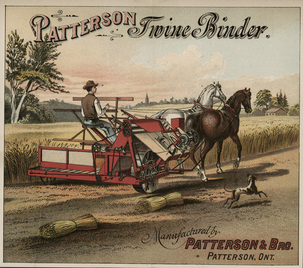 Inside spread of advertising brochure for Patterson and Brothers, manufacturers of agricultural equipment, Patterson, Ontario, Canada. Features a chromolithograph illustration of a man using a twine binder in a field with a team of two horses.